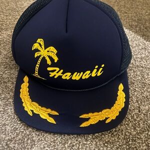 Vintage Navy Hawaii Embroidered Trucker Hat with Gold Accents